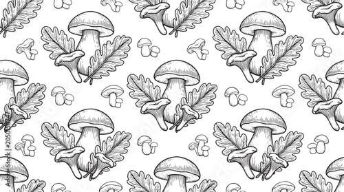 Foto Vintage mushroom and oak leaf line art seamless pattern