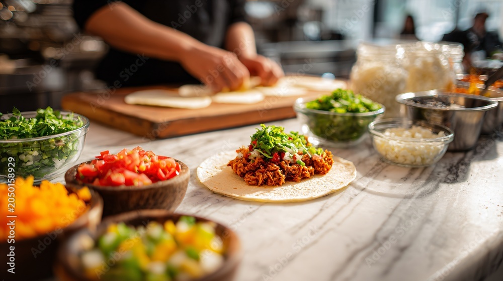 Obraz premium A bright kitchen countertop scene with tacos being assembled, with ingredients placed casually on a marble surface under natural daylight
