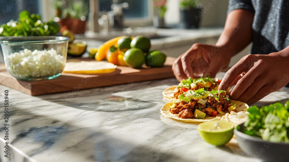 Fototapeta premium A bright kitchen countertop scene with tacos being assembled, with ingredients placed casually on a marble surface under natural daylight