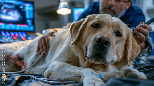 Veterinary sonographer pressing ultrasound probe against sedated labrador abdomen, monitor displaying cross-section organ imaging, darkened diagnostic room with single spotlight on patient, technici
