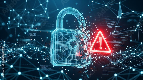 Shattering glowing blue digital padlock next to a red warning triangle representing data breach and compromised network security