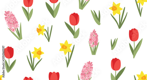 Bild auf Leinwand Spring flowers seamless pattern with red tulips yellow daffodils and pink hyacinths on white background for garden theme and floral textile applications
