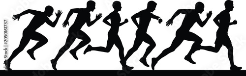 Foto Sequence of male runner silhouettes in various stages of a sprint on a white bac