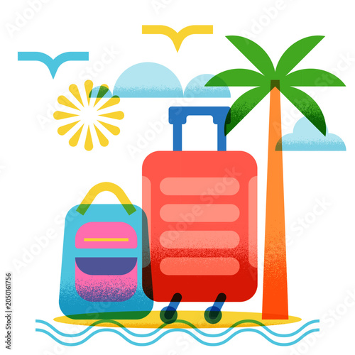 Vector geometric illustration of luggage with suitcase, backpack on palm beach. Travel tourism vacation design concept