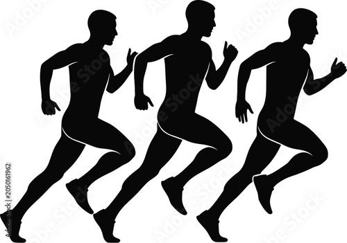 Принти на полотні Three black silhouettes of male runners in stride on a white background running