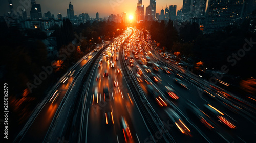 An energetic vision of urban progress and global connectivity. This dynamic highway with glowing light trails leading into a modern metropolis is perfect for transportation concepts.