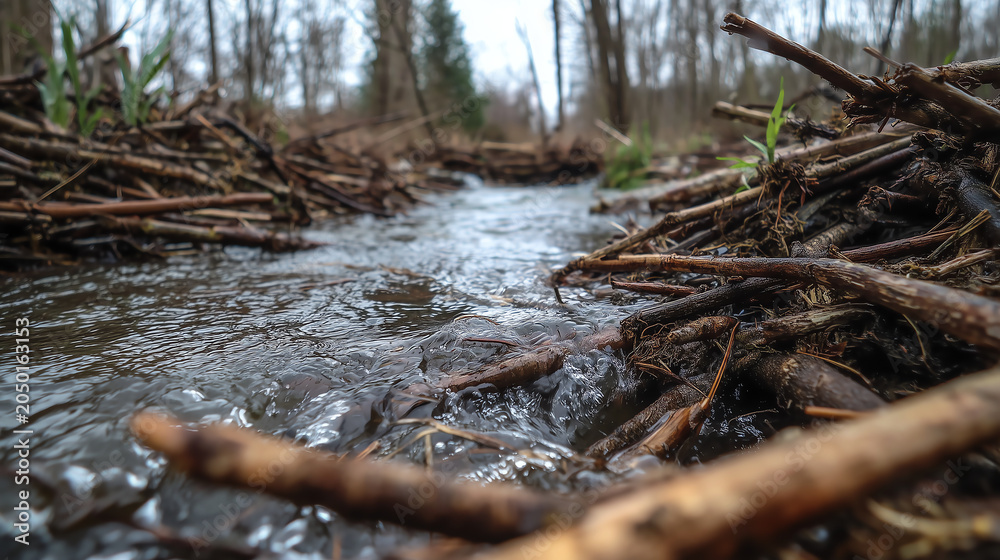 Fototapeta premium Low angle close-up of a woven beaver dam of gnawed sticks and mud spanning a forest stream with water trickling through the open gaps