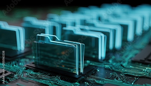Row of glowing blue holographic folders on a circuit board