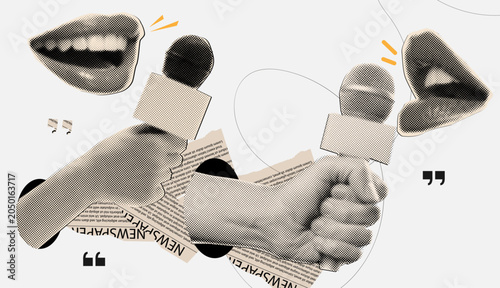 Foto Halftone Open Mouths and Hand hold Microphone Collage Banner for Podcast, Interv