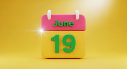 3d calendar icon showing june 19, representing juneteenth holiday or a specific date on yellow background