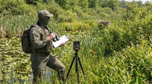 Professional security guard or soldier in tactical gear monitoring a lush wetland area with binoculars and specialized camera equipment on a tripod