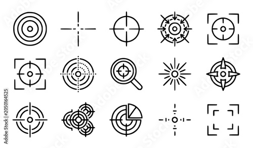 A professional outline icon set representing school geometry shapes, mathematics equations, physical measurement tools, and drafting design. Minimal vector line art illustrations isolated on a white b