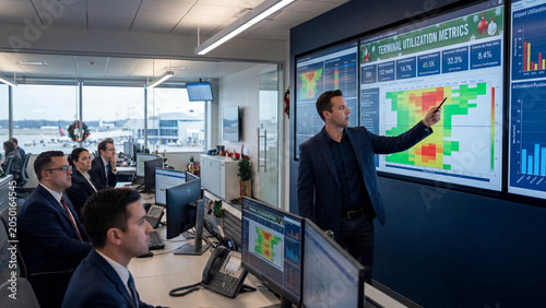 Modern command and control center with analysts monitoring large data display wall for real time operations