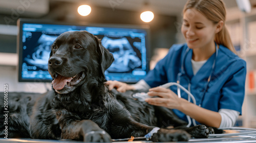 Veterinary sonographer pressing ultrasound probe against sedated labrador abdomen, monitor displaying cross-section organ imaging, darkened diagnostic room with single spotlight on patient, technici