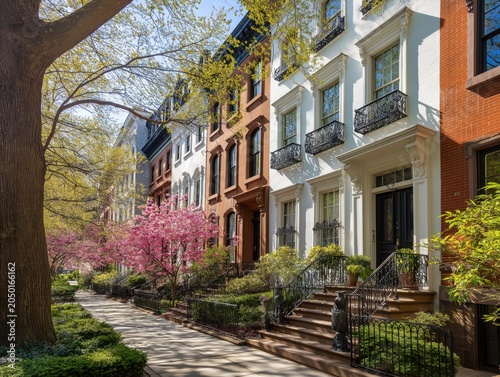 Beautiful row of classic brick townhouses with iron railings lining a quiet tree lined street