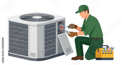 Residential HVAC Technician Repairing Outdoor AC Condenser Unit Vector Illustration