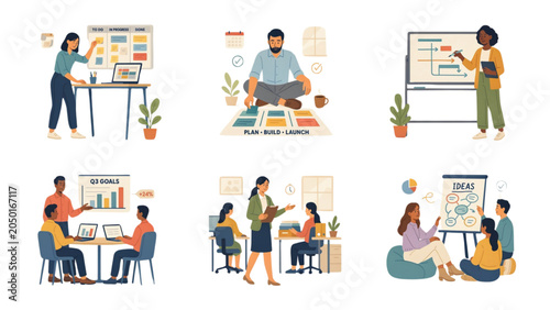 Illustrated flat design showing diverse people working and collaborating in modern office environment
