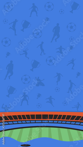 Blue Soccer Stadium Background with Player Silhouettes and Icons. Soccer football tournament world cup 2026