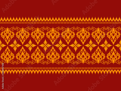 Traditional Thai Kanok Seamless Border Pattern in Red and Gold for Textile and Decorative Design