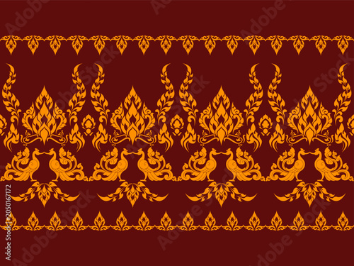 Golden Thai Hongsa Pattern on Red Background – Traditional Thai Seamless Textile and Decorative Vector Design