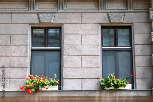 red and white flowers on the facade of an apartment building.
