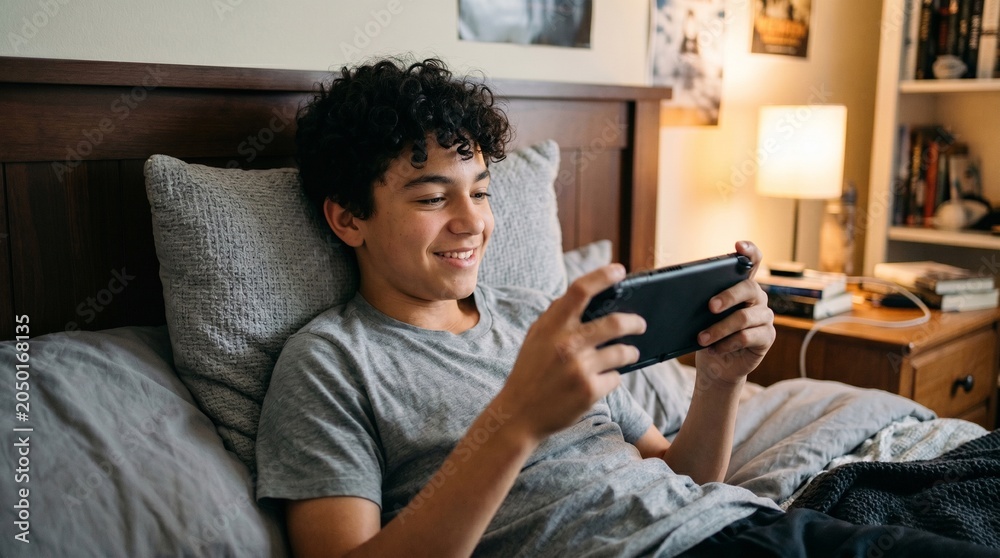 Fototapeta premium Teenager boy playing video game on handheld console in bedroom. Gaming addiction and digital entertainment concept. Young student relaxing with gadget during leisure time at home environment.