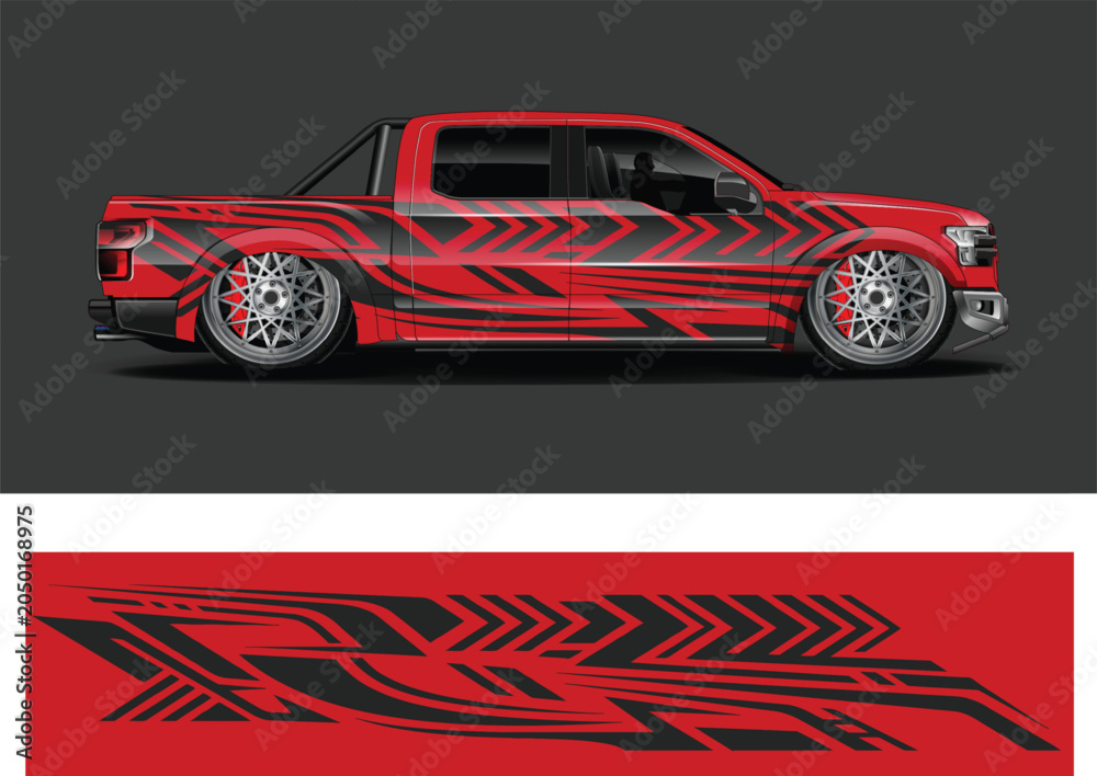 Fototapeta premium Stylish Red Pickup Truck with Graphic Design