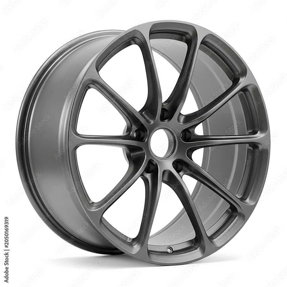 Obraz premium Modern dark grey alloy car wheel rim isolated on white background
