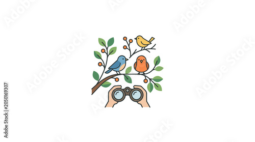 Canvastavla Birdwatching: Hands Holding Binoculars Observe Birds on a Tree Branch