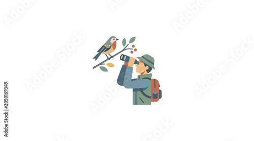 Foto Birdwatching Man with Binoculars and Robin Bird on Branch - Flat Design