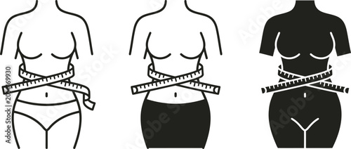 Set of female waist measurement icons, slim and overweight body shapes