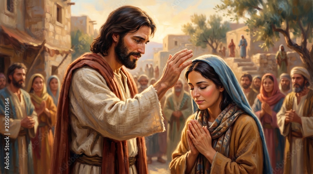 Fototapeta premium Jesus blessing a woman in a biblical town. Spiritual scene depicting an act of faith, healing, and divine grace. Religious tradition, historical narrative, and christian worship concept.
