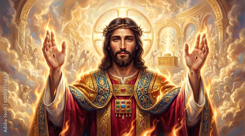 Obraz premium Jesus Christ with crown of thorns and raised hands showing stigmata in heaven. Divine light and fire with angels in celestial throne room. Religious illustration of savior redemption.