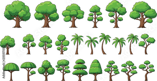 Canvastavla Cartoon trees flat vector illustration featuring broadleaf, palm, ornamental, la
