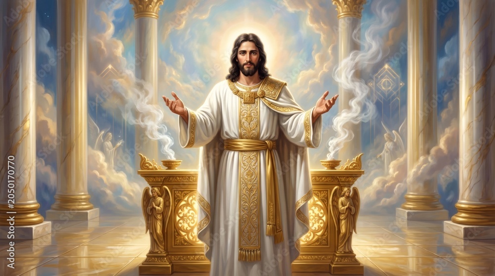 Obraz premium Jesus Christ standing in heaven with open arms. Divine figure in white robe inside ornate temple with glowing light. Spiritual manifestation, symbol of faith, love, and salvation.