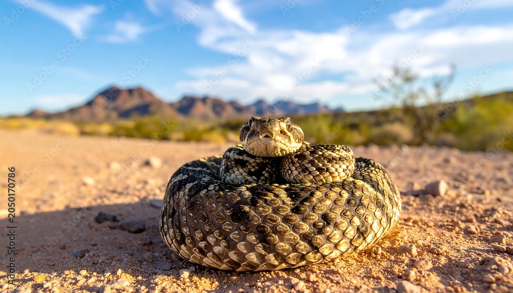 Naklejka premium A coiled rattlesnake in a desert landscape with mountains