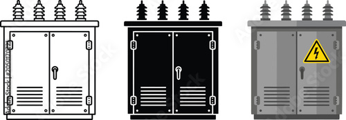 Electrical transformer box icons set power distribution cabinet in outline, silhouette, and flat color style