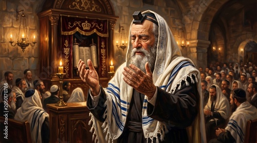 Elderly Jewish man praying with tallit and tefillin in synagogue. Religious service with people in temple. Jewish spirituality, faith, worship and tradition in culture.