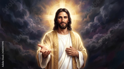 Jesus Christ extending hand in welcome. Man with golden light halo standing against dark cloudy sky. Religious spiritual figure reaching out. Christian faith and savior divinity concept.