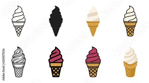 Soft serve ice cream cone icon set with outline silhouette flat vanilla berry swirl waffle and isometric vector styles