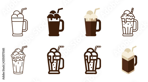 Root beer float icon set with outline silhouette flat dark mug ice cream scoop straw and isometric vector styles