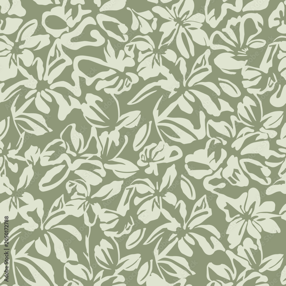 Fototapeta premium Green Tone on Tone Tropical Floral Seamless Pattern Elegant Neutral Botanical Background 