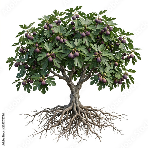 Fig tree with ripe figs, visible roots, 1x1 ratio, isolated on white background, centered composition, botanical realism