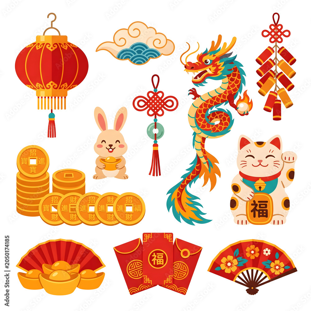 Fototapeta premium A colorful illustration of Chinese New Year decorations and symbols