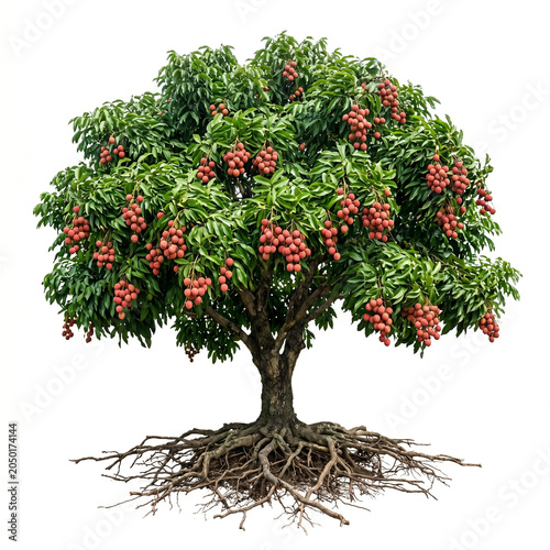 Lychee tree with dense green canopy and visible lychee fruit clusters, full root base included, isolated on white background