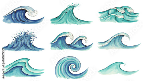 Set of colorful ocean waves with white foam in a bright style