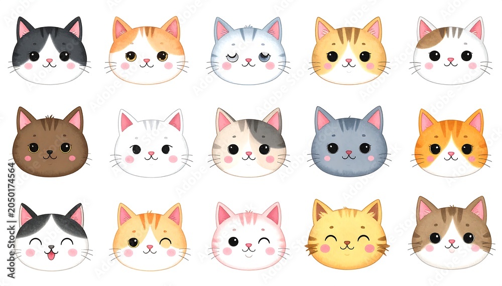 Fototapeta premium A collection of 15 cartoon cat faces with various expressions and colors