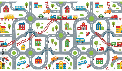 Slika na platnu Cute City Road Network with Cars Trains and Buses Seamless Kids Vector Pattern