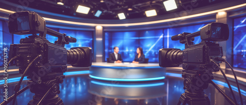 Television news studio with broadcast cameras and anchor desk set