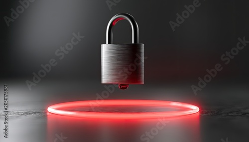 A metallic padlock hovers above a glowing red ring on a dark surface